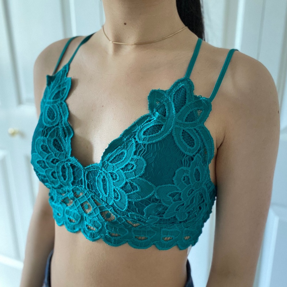 LACEY - Dark Teal V Neck Criss Cross Back Lace Bralette